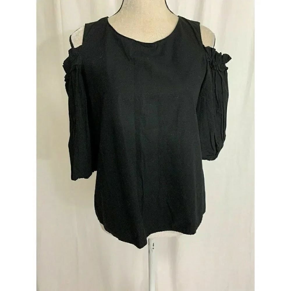 velvet graham spencer Womens Solid Black Long Sleeve Cold Shoulder Top Small